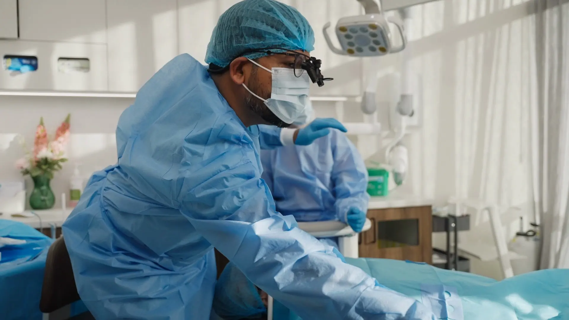 A dentist in a surgical gown leaning in during a procedure